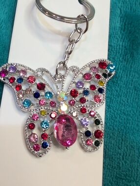 Silver-Tone Multicolor Crystal Butterfly Keychain - Pink Center